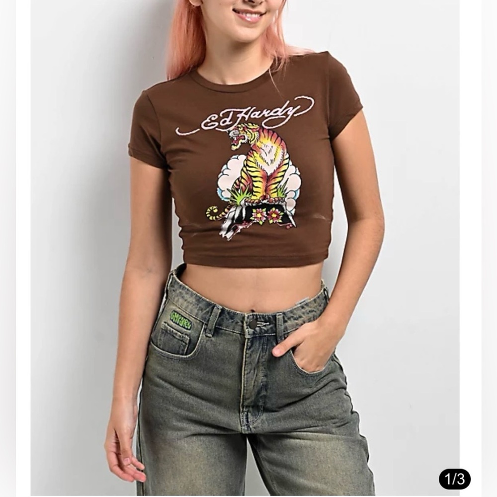 Ed Hardy Tiger Cloud Rhinestone Crop T-Shirt